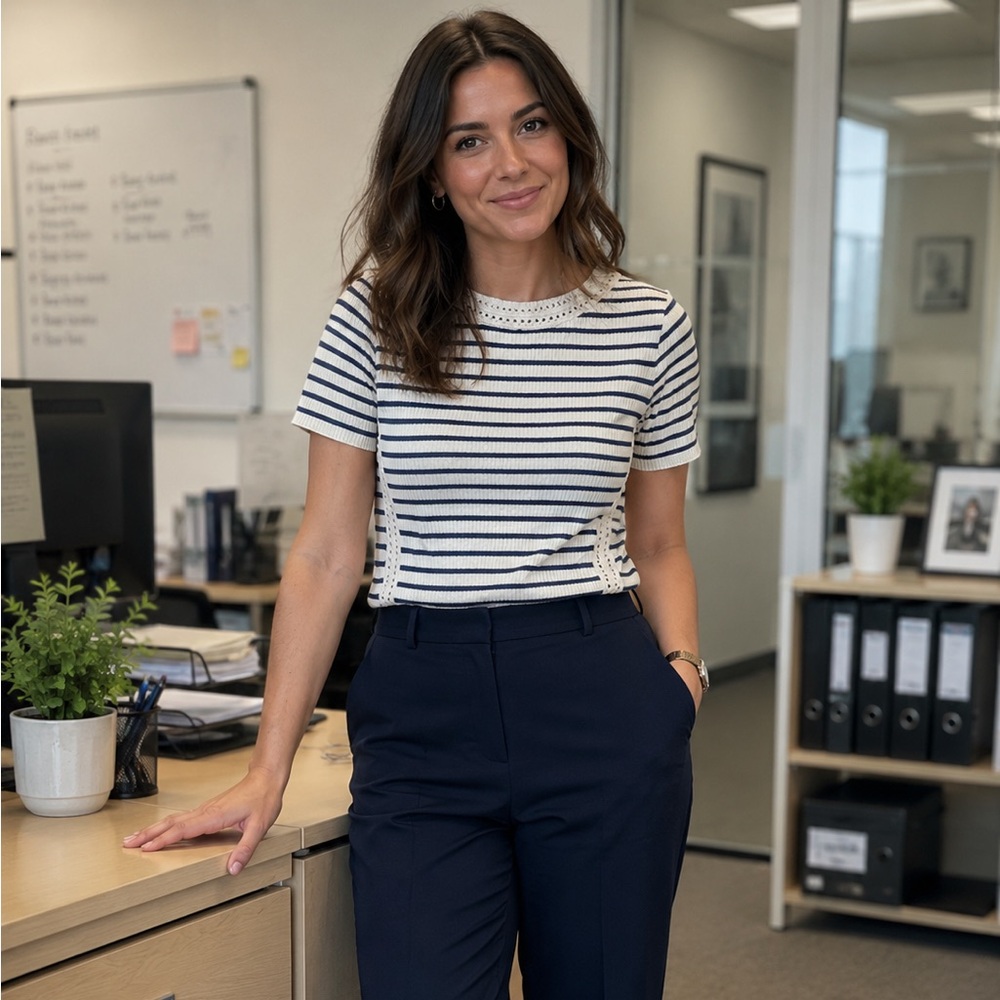 LOFT Cream and Navy Striped Short Sleeve Top